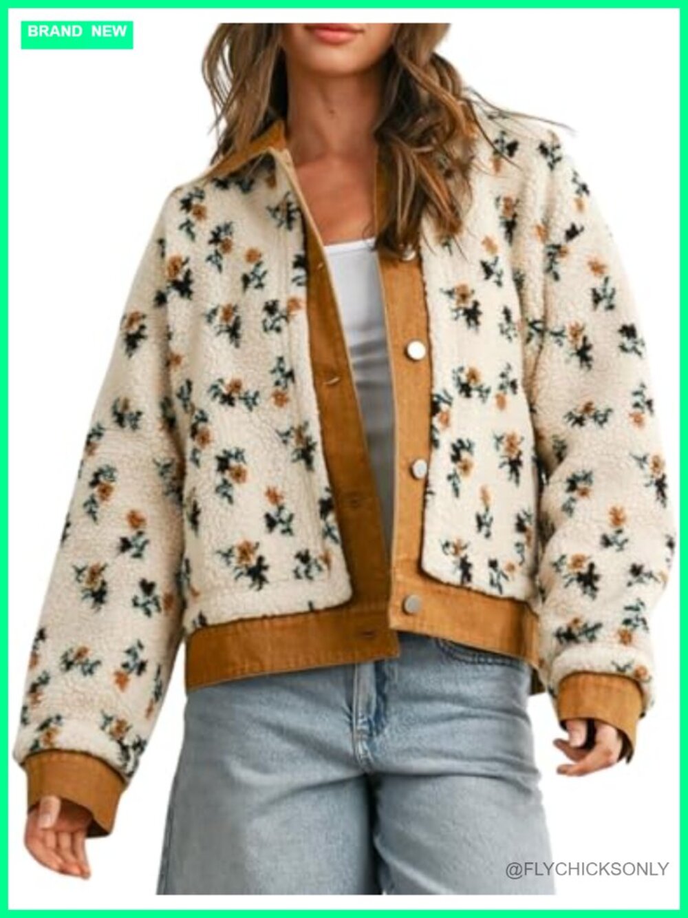 Women's Floral Sherpa Fleece Jacket Denim Collar Oversized Snap Button Pockets